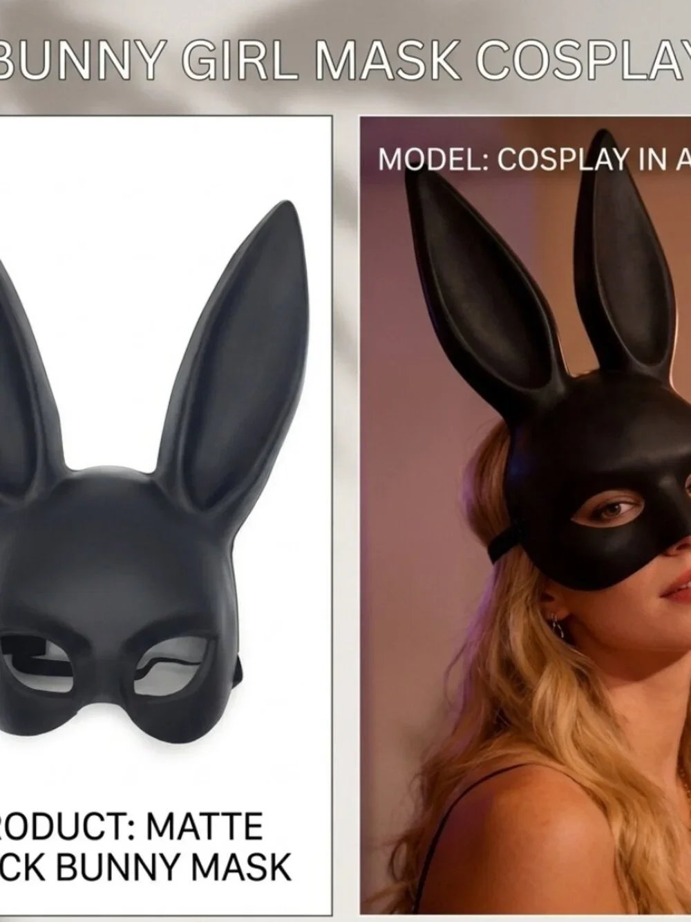 Matte Black Bunny Girl Mask, Sexy Cosplay Eye Mask, Halloween Costume Party Prop